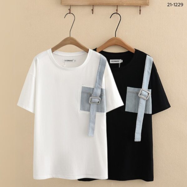 เสื้อยืดคอกลมแต่งผ้ายีนส์