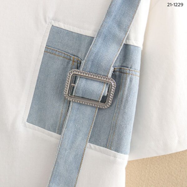 เสื้อยืดคอกลมแต่งผ้ายีนส์