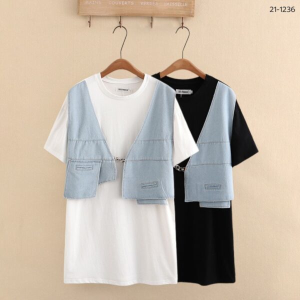 เสื้อยืดแบบยาวแต่งเสื้อกั๊กยีนส์