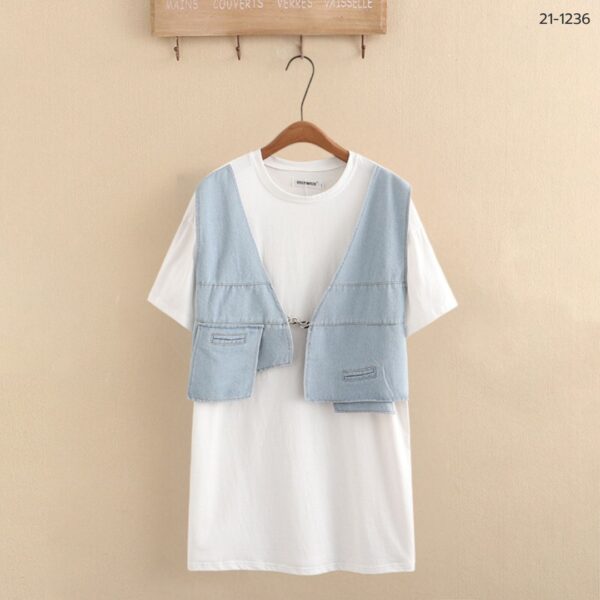 เสื้อยืดแบบยาวแต่งเสื้อกั๊กยีนส์