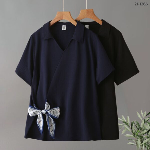 21-1266 (1) เสื้อคอวีผูกโบว์ช่วงเอว