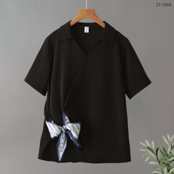 21-1266 (8) เสื้อคอวีผูกโบว์ช่วงเอว