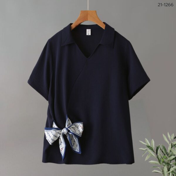 21-1266 (9) เสื้อคอวีผูกโบว์ช่วงเอว