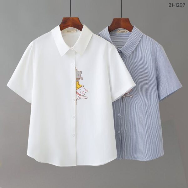 เสื้อเชิ้ตแขนสั้น ปักลายแมว