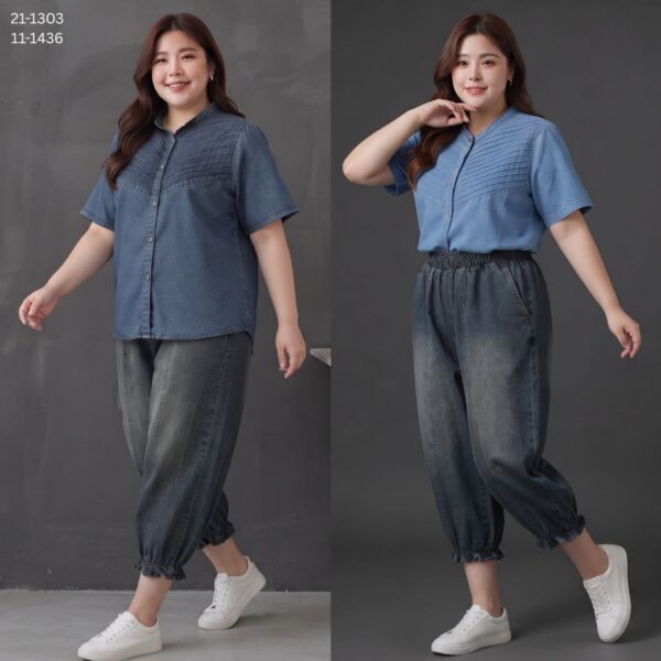 เสื้อเดนิมคอกลมแขนสั้น