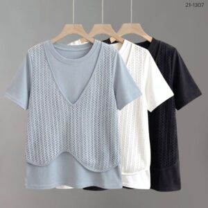 เสื้อยืดคอกลมแต่งผ้าตาข่าย