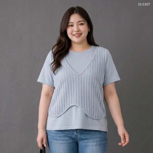 21-1307 (2) เสื้อยืดคอกลมแต่งผ้าตาข่าย