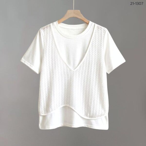 21-1307 (3) เสื้อยืดคอกลมแต่งผ้าตาข่าย