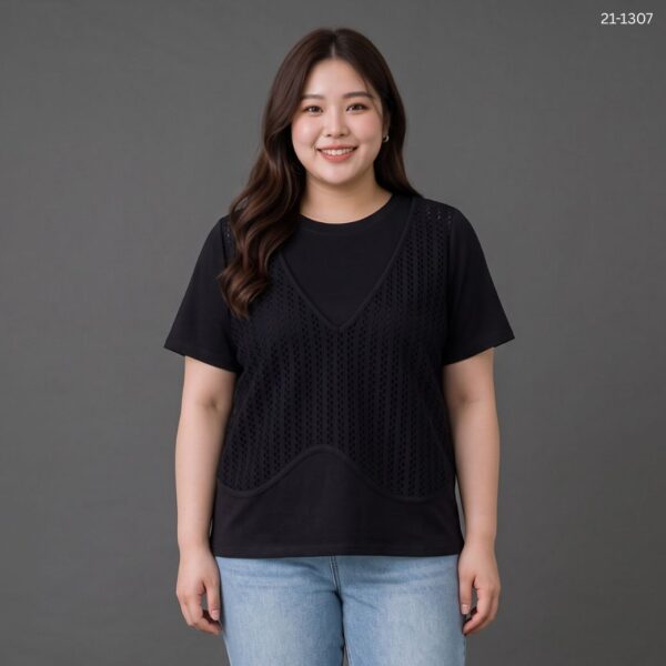 21-1307 (3) เสื้อยืดคอกลมแต่งผ้าตาข่าย