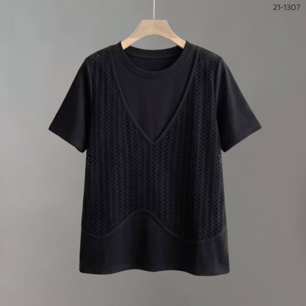 21-1307 (4) เสื้อยืดคอกลมแต่งผ้าตาข่าย