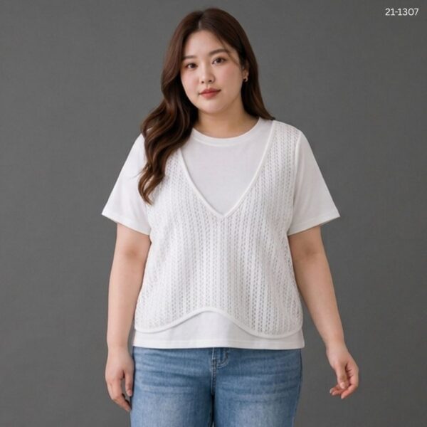 21-1307 (4) เสื้อยืดคอกลมแต่งผ้าตาข่าย