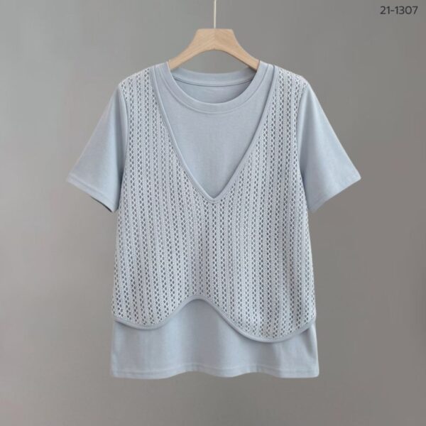 21-1307 (5) 21-1307 เสื้อยืดคอกลมแต่งผ้าตาข่าย
